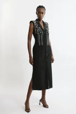 Karen Millen Embellished Detail Plunge Collared Woven Maxi Dress black Discount