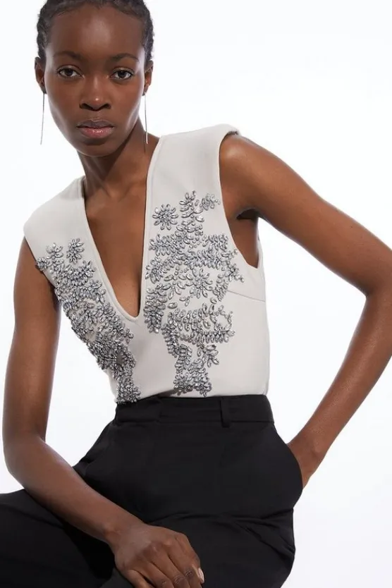 Karen Millen Embellished Figure Form Bandage Knit Top ecru Sale