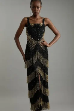 Karen Millen Embellished Mirrored Fringe Strappy Maxi Dress black Online