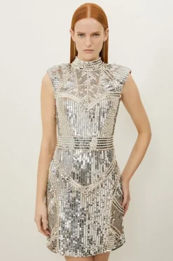 Karen Millen Embellished Sequin And Beaded Strong Shoulder Mini Dress nude Best