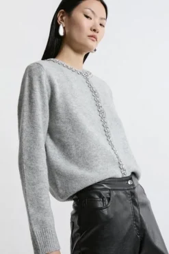 Karen Millen Embellished Trim Cosy Knit Cardigan grey Online