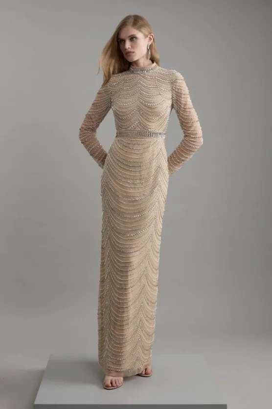 Karen Millen Embellished Woven Long Sleeved Maxi Dress silver Online