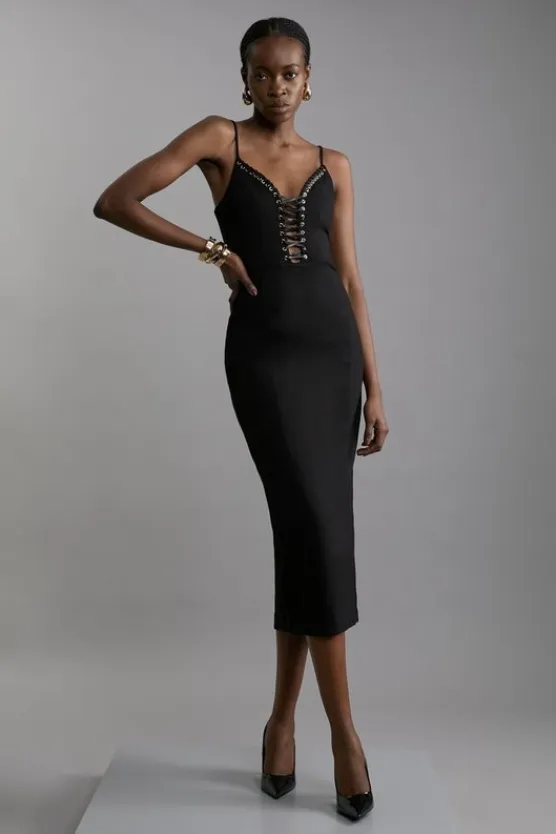 Karen Millen Eyelet Detail Lace Up Ponte Jersey Midi Dress black Sale