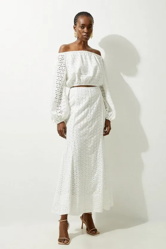 Karen Millen Eyelet Godet Woven Midi Skirt white Outlet