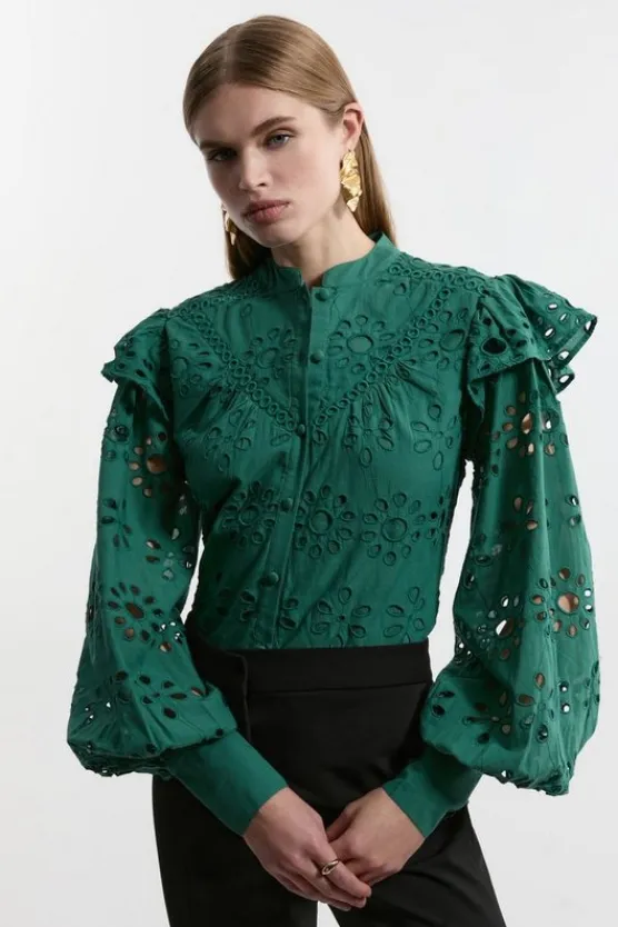 Karen Millen Eyelet Woven Blouse With Guipure Trim green Fashion