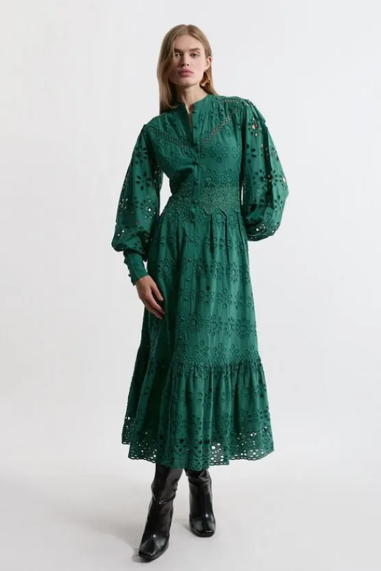 Karen Millen Eyelet Woven Midi Shirt Dress With Guipure Trim green Discount