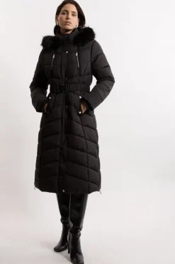 Karen Millen Faux Down Padded Belted Hooded Puffer Coat black Outlet