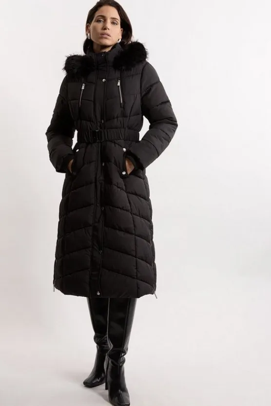 Karen Millen Faux Down Padded Belted Hooded Puffer Coat black Outlet