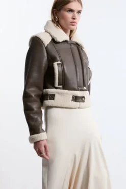 Karen Millen Faux Fur Aviator Crop Jacket brown Fashion