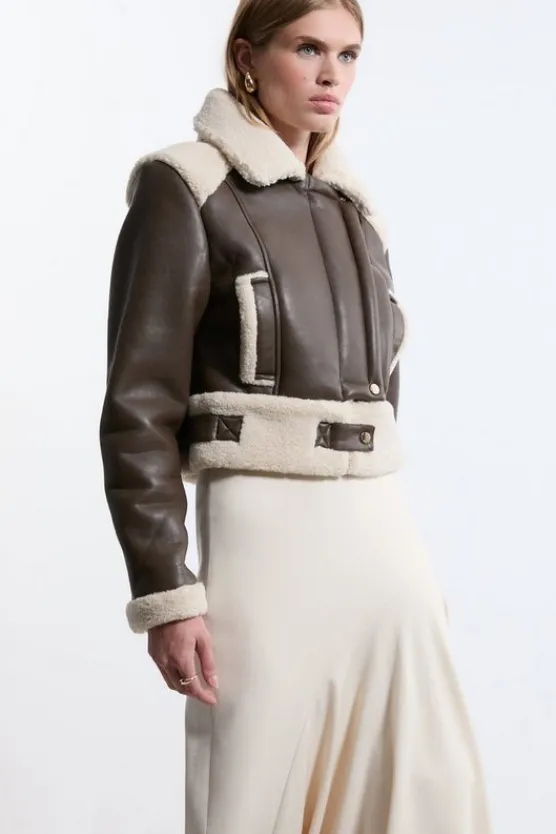 Karen Millen Faux Fur Aviator Crop Jacket brown Fashion
