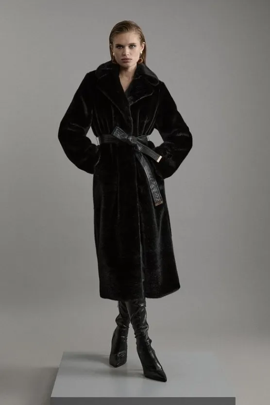 Karen Millen Faux Fur Longline Coat black New