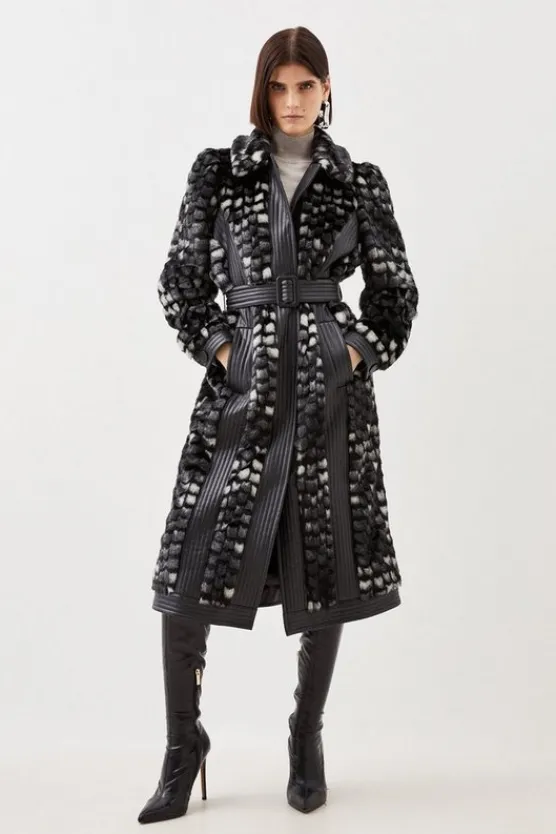 Karen Millen Faux Fur Pu Panelled Abstract Belted Coat black Fashion