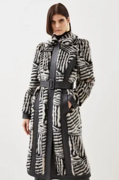 Karen Millen Faux Fur Pu Panelled Stripe Belted Coat multi Clearance