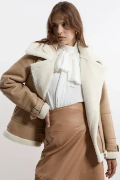 Karen Millen Faux Fur Zipped Longline Moto Jacket beige New