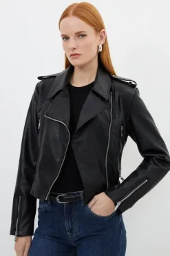 Karen Millen Faux Leather Cropped Moto Jacket black Clearance