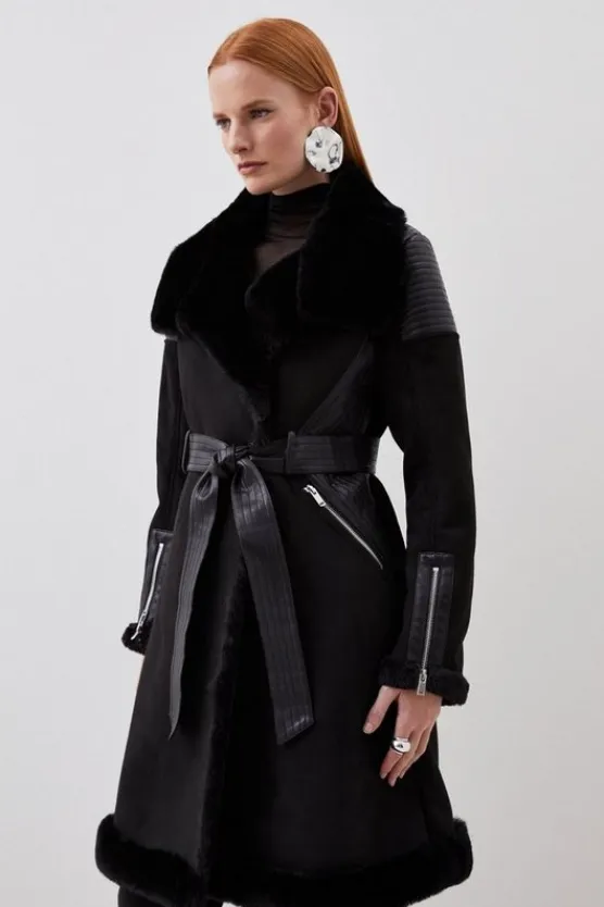 Karen Millen Faux Shearling Biker Longline Belted Coat black Hot