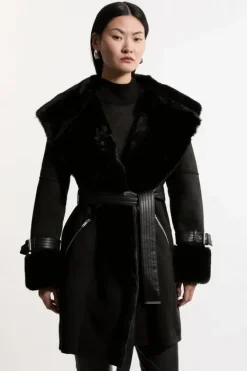 Karen Millen Faux Shearling Collar & Cuff Belted Short Coat black New