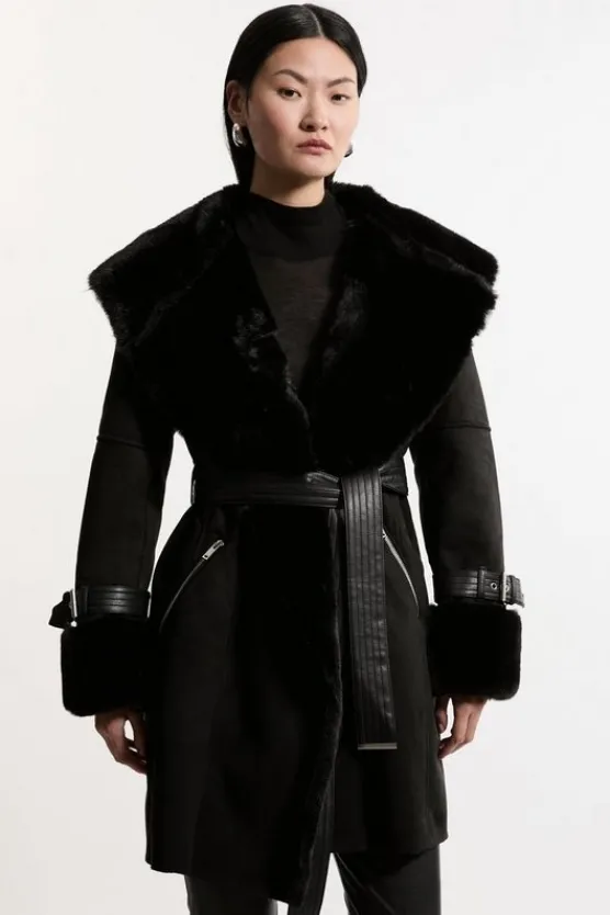 Karen Millen Faux Shearling Collar & Cuff Belted Short Coat black New