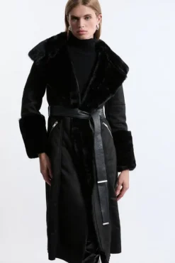 Karen Millen Faux Shearling Collar & Cuff Belted Midi Coat black Discount