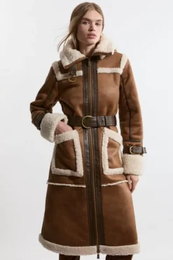 Karen Millen Faux Shearling Contrast Trim Hooded Midi Coat tan New
