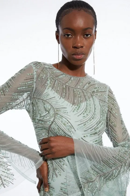 Karen Millen Feather Crystal Embellished Maxi Dress sage Online