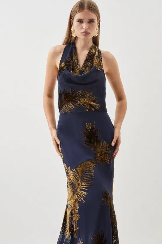 Karen Millen Feather Devore Halter Neck Woven Midi Dress navy New