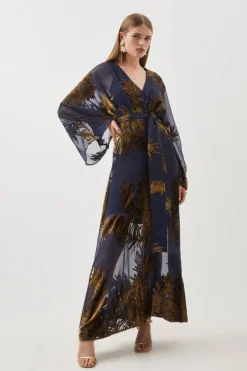 Karen Millen Feather Devore Woven Kimono Maxi Dress navy Sale