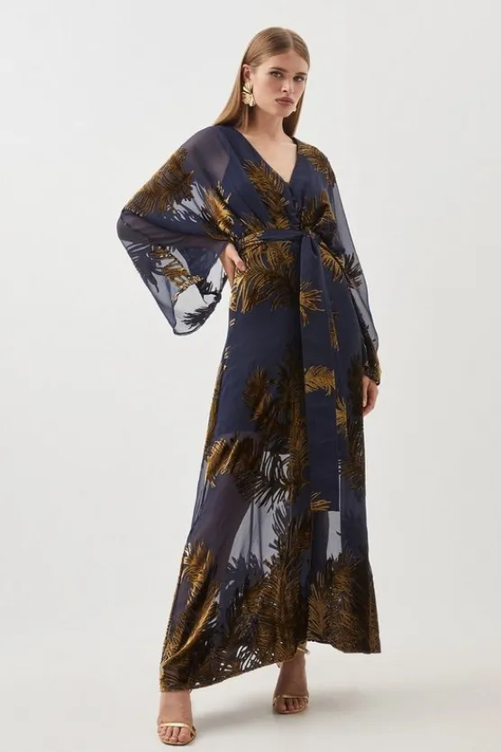 Karen Millen Feather Devore Woven Kimono Maxi Dress navy Sale