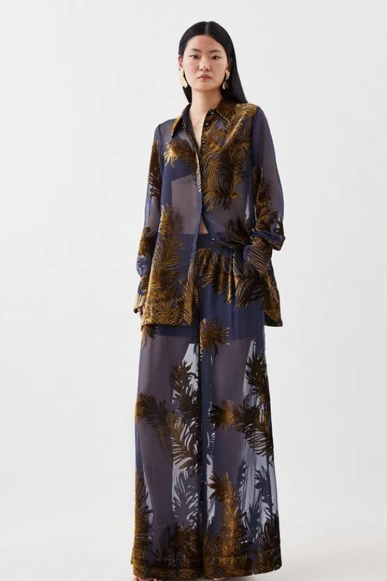 Karen Millen Feather Devore Woven Shirt And Trouser Set navy Discount