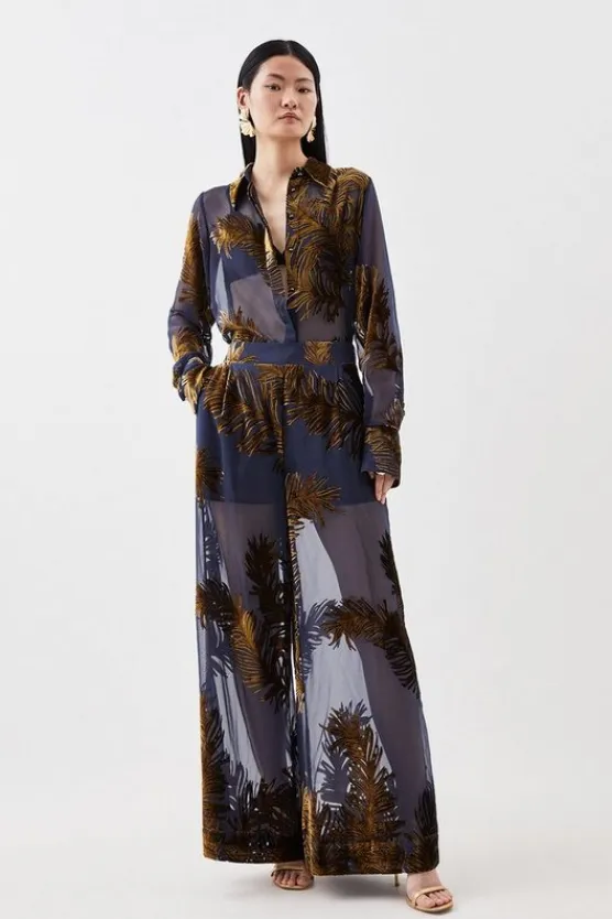 Karen Millen Feather Devore Woven Wide Leg Pants navy New
