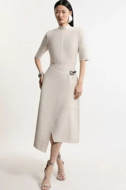 Karen Millen Figure Form Bandage Asymmetric Knit Midi Dress stone Clearance