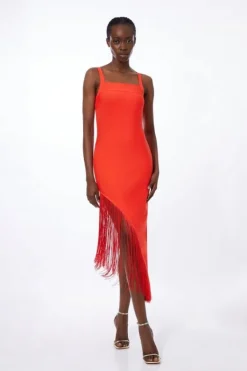Karen Millen Figure Form Bandage Asymmetric Fringe Hem Knit Dress brightpink Online
