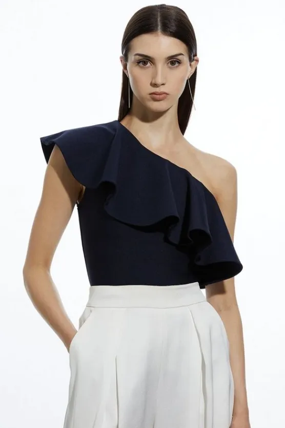 Karen Millen Figure Form Bandage Drama Frill Knit Top navy Sale