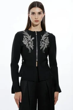 Karen Millen Figure Form Bandage Embellished Piping Knit Jacket black New