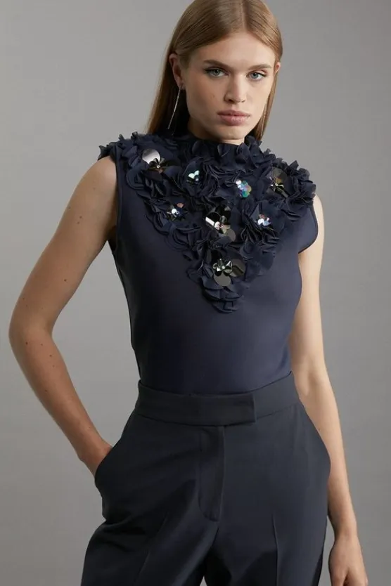 Karen Millen Figure Form Bandage Embellished Neck Knit Top navy Outlet