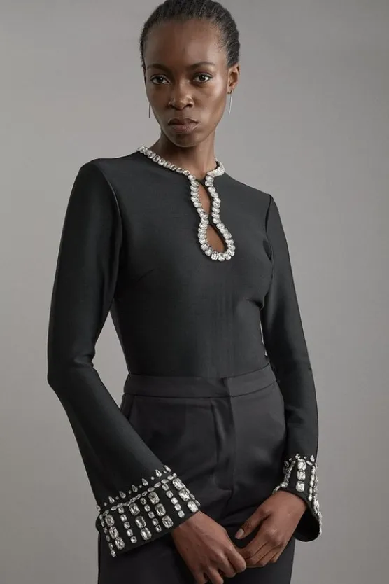 Karen Millen Figure Form Bandage Embellished Keyhole Knit Top black Clearance