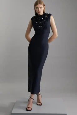 Karen Millen Figure Form Bandage Embellished Neck Midaxi Column Dress navy Best