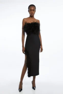 Karen Millen Figure Form Bandage Feather Detail Bandeau Knit Midi Dress black Discount