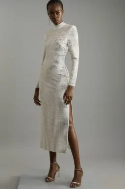 Karen Millen Figure Form Bandage Knit All Over Embellished Maxi Dress ivory Discount