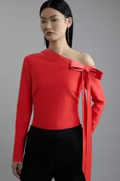 Karen Millen Figure Form Bandage Knit Bow Detail Asymmetric Top red Hot