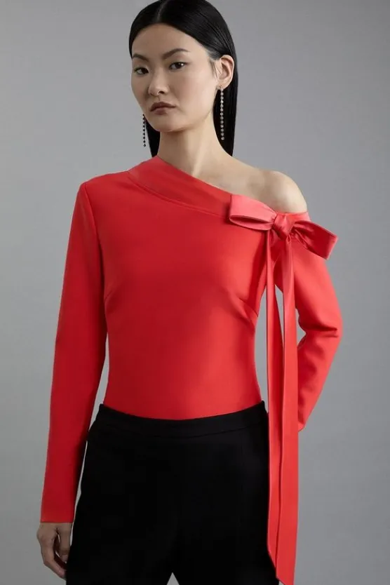 Karen Millen Figure Form Bandage Knit Bow Detail Asymmetric Top red Hot