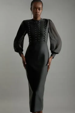Karen Millen Figure Form Bandage Knit Chiffon Sleeve Military Trim Midaxi Dress black Sale