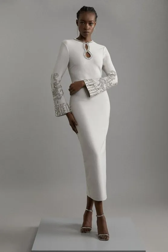 Karen Millen Figure Form Bandage Knit Embellished Wide Sleeve Midaxi Dress grey Fashion
