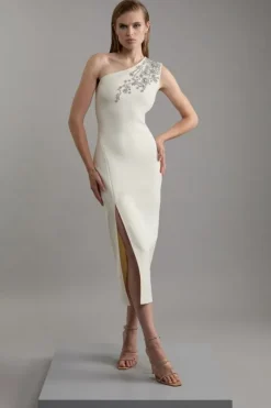 Karen Millen Figure Form Bandage Knit Embellished One Shoulder Midaxi Dress cream Fashion