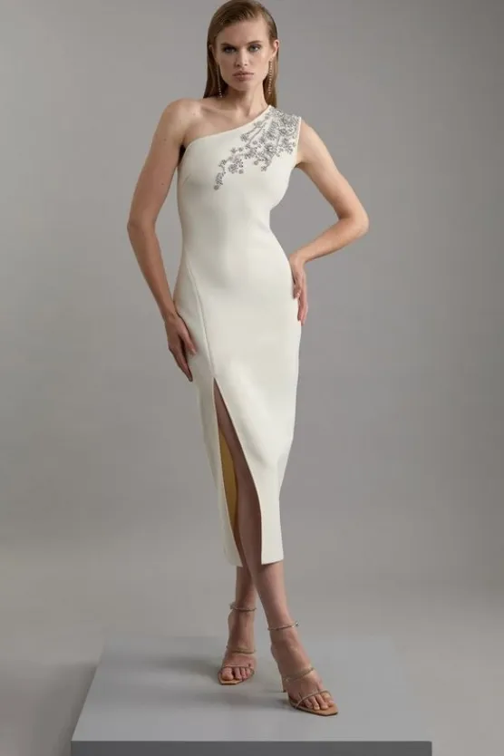 Karen Millen Figure Form Bandage Knit Embellished One Shoulder Midaxi Dress cream Fashion