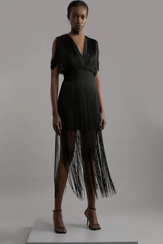 Karen Millen Figure Form Bandage Knit Fringe Detail Dress black Discount