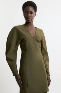 Karen Millen Figure Form Bandage Knit Round Sleeve Mini Dress olive Clearance
