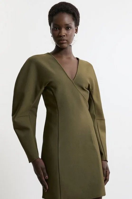 Karen Millen Figure Form Bandage Knit Round Sleeve Mini Dress olive Clearance