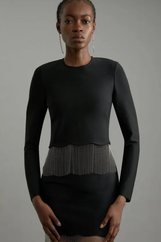 Karen Millen Figure Form Bandage Knit Scallop Tassel Top black Discount