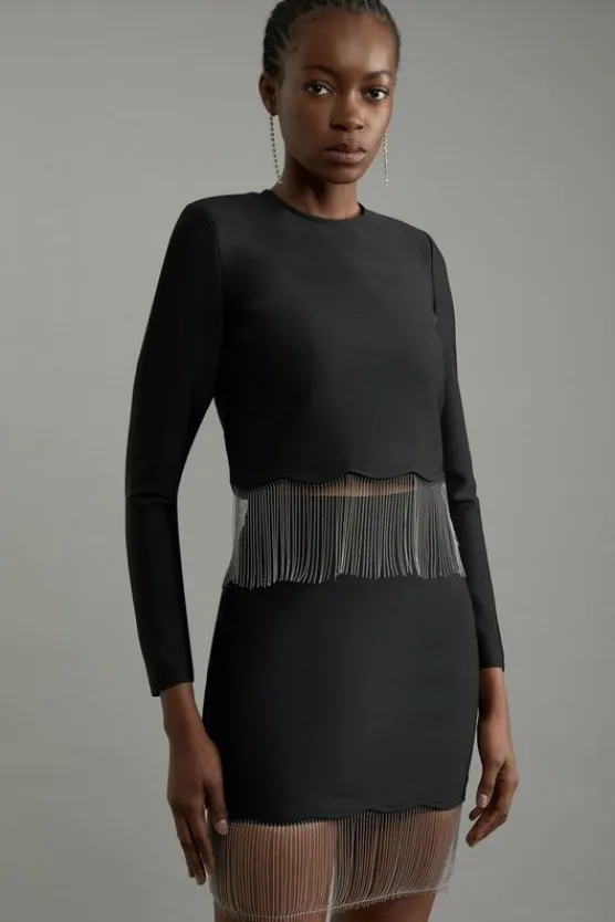 Karen Millen Figure Form Bandage Knit Scallop Tassel Skirt black Discount